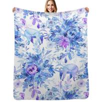 Sleepy Sloths in Purple Plants Throw Blanket Easy Care Comfortable Blanket for Couch Size: 75*100cm, Weight: 230 GSM