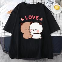 Panda Meškiukas LOVE Marškinėliai Moteriški Bubu Dudu Poros Viršūnės Trumpomis Rankovėmis Spausdinti Vasaros Estetiniai Korėjietiški Marškinėliai Harajuku Ledi Kasdienės Viršūnės S
