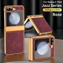 For Samsung Galaxy Z Flip 6 5 4 3 5G Case Luxury Leather Electroplated All-inclusive Folding Hinge Shockproof Protect Hard Cover for  Z Flip 5 ryškiai rožinė