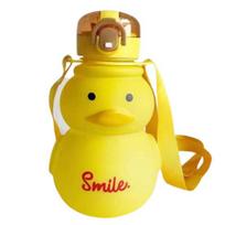 650 ml ančiuko gertuvė su šiaudeliu, užrakto dizainu, dirželiu, atidaroma vienu mygtuku, skaidriu dangteliu, vandens gėrimui, kawaii, nepralaidi, ančiuko vandens puodelis studentui geltona