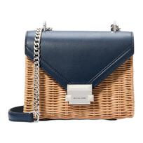 MICHAEL KORS Whitney Silver Metal Hardware Chain Strap Wicker Shoulder Bag Small Women's Navy Blue mėlyna