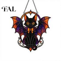 Spooky Farmhouse Party Supplies Halloween Bat Cat Suncatcher, Stained Glass Style Acrylic Sun Catcher, Gothic Dark Aesthetic Room Decor Black Hanging juoda