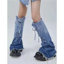 Y2K Denim Leg Warmers With Gradient Blue Tie-Up Detail Flared Retro Bootcut Style Streetwear Fashion Blue