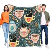 Cute Black Cat Teacup & Teapot Blanket, Soft Cozy Warm Flannel Throw, Whimsical Floral Coffee Mug Bed Sofa Home Decor Gift for P Size: 75*100cm, Weight: 230 GSM