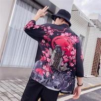 Unisex japoniško ukiyo-e stiliaus retro kimono kardiganas - Tamsus, laisvo kirpimo, 3/4 rankovėmis 3XL