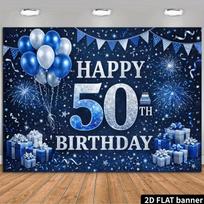 2D 50th Birthday Party Backdrop - Navy Blue Silver Confetti Banner for Men Women 50th Birthday Photoshoot 47.2x31.5inch/120*80cm