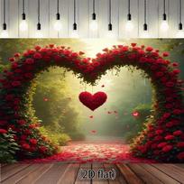 2D Romantic Red Rose Garden Backdrop Heart-Shaped Floral Arch Party Background 47.2x31.5inch/120*80cm