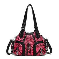 PU Shoulder Bag Leopard Print Studded Handbag Women Crossbody Bag raudona