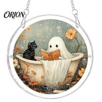 Halloween Stained Glass Ornament Acrylic Suncatcher Jigsaw Puzzle Set, Spooky Ghost Floral Meadow Window Hanging with Metal Sturdy Frame Decor A