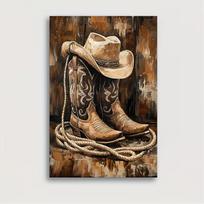 Canvas Cowboy Boots And Hat Mural, Western Mural, Western Mural Decor, Texas Mural, Manly Oil Painting Style Canvas Print Room Decor, Home Decor, 20x30cm