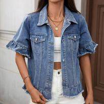 Vintage Ruffle Raw Hem Denim Jacket For Women Lapel Chest Pockets Short Sleeve Single-breasted Outerwear Loose Retro Jean Jacket S mėlyna