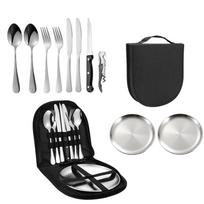 Portable Tableware Set Stainless Steel Picnic Cutlery Steak Knife Flatware Picnic Cloth Plate Dinnerware Kit Camping Cutlery Set white