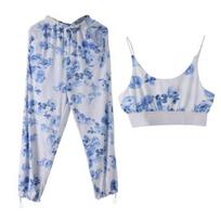 Women's 2-Piece Suit Floral V-Neck Camisole Wide-Leg Trousers Breathable Drawstring Elastic Waist Pants And Spaghetti Strap Vest for Work Parties L šviesiai mėlyna spalva