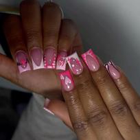 Fashionable Medium Square Press on Nail Pink Hearts and Glitters Stick on Nail for a Stylish Valentine's Look 1