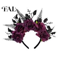 Cosplay Hair Decor for Comic Exhibition Halloween Rose Headband, Flower Leaf Crown Hoops Bands, Black Headband Gothic Headpiece Hairband Party vyno raudonos spalvos