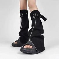 Black Denim Leg Warmers Y2K Punk Style Adjustable Zipper Slim Fit Teens Black
