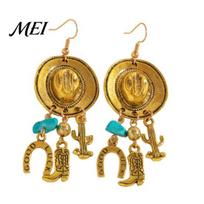 Cowboy Hat Earrings 1 Pair Hook for Women, Western Design with Tassel Pendant Boot-Shaped Cactus Horseshoe Pendants, Drop Festivals Travel Daily Wear auksinė