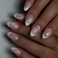 Press on Nail Short Almond Fake Nails French Full Cover Acrylic False Nails Flower Design Fake Nails for Women and Girls