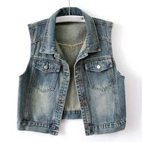 Hong Kong Style Retro Denim Vest Ladies Short Spring and Autumn Korean Version of The Thin Sleeveless Vest Waistcoat Waistcoat XS