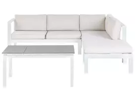 Sodo kampinė sofa su staliuku 5 asmenims MESSINA kairinė, balta, metalinė