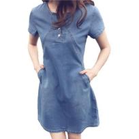 Casual Dress O-neck Short Sleeve Stitching Stylish Women Summer Denim Dress for Daily Wear L šviesiai mėlyna spalva