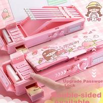 Multifunctional Stationery Box with Password Lock Pencil Case for Elementary School Boys, Stylish Large Capacity Pencil Case for Peach Tea Party