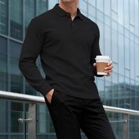 Men Waffle Knit Long Sleeve Turn Down Collar Casual Business Polo Shirt S juoda