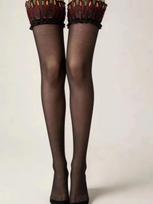 Women'S Black Sheer Thigh High Stockings With Red Feather Embroidery Lace Top, Retro Sexy Style Hosiery For Evening & Party Wear S