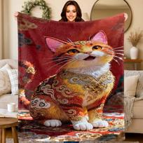 Feng Shui Fortune Cat Theme Flannel printed blanket suitable for all seasons suitable for living room office sofa and travel Size: 75*100cm, Weight: 230 GSM
