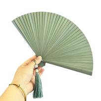 Solid Color Folding Bamboo Fan Portable Kimono Fan Lightweight Tassel Folding Fan  Home Decoration Light Green