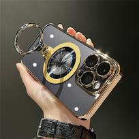 Skaidrus metalinis žiedinis laikiklis su danga Magsafe magnetinis dėklas iPhone 15 13 12 14 Pro Max stovas objektyvo apsauginis dangtelis For iPhone 13&Case & Holder auksas