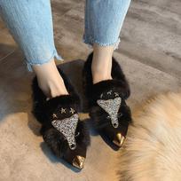 Shoes Women's Winter Plush Shoes New Fox Head Flat Cotton Shoes Pointed Rhinestone Beanie Shoes 35