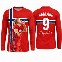 Erling Haaland #9 Norway Long Sleeve Football Jersey, Hand-Drawn Portrait Flag Print, Quick-Dry Breathable Casual Sports Tee 2XL red