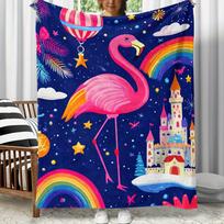 Pink Flamingo Rainbow Castle Hot Air Balloon Night Sky Stars Fleece Blanket Whimsical Fantasy Design Soft Flannel Throw KidsRoom Size: 75*100cm, Weight: 230 GSM