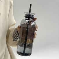 350/550/750ml didelės talpos stiklinis vandens butelis su laiko žyma, dvigubas dangtelis su apsauginiu dangteliu, stiklinis puodelis su dangteliu, šiaudelis gray