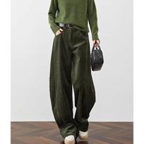 Women's Retro Hong Kong Style Green Corduroy Wide-Leg Fleece Pants Small
