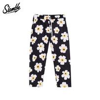 Slamble Men's American-Style Egg Flower Cropped Straight-leg High Elastic Athleisure Basketball Pajama Pants Pants Full Printed Loose M juoda