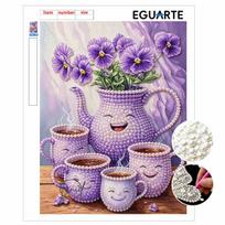 Purple Flower Teapot Cups Pearl Painting Set Pearl Art DIY Handmade Crafts Home Wall Decoration 30x40