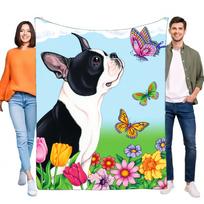 Colorful Cartoon Boston Terrier Blanket with Vibrant Flowers and Butterflies, Soft Plush Throw for Kids and Adults, Perfect for Size: 75*100cm, Weight: 230 GSM