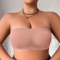 Women Nude Seamless Strapless Bandeau Bra Wireless Anti-Slip Removable Straps Lounge Bralette 0XL abrikosas
