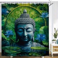 Blue Serenity Buddha Shower Curtain Meditating Face In Lotus Pond Vibrant Green Leaves Blue Lotuses, 12 Hooks 70.87×70.87 Inch W60H190(CM)-1 Pcs