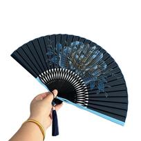 Peony Flower Mini Shell Fan Bamboo Frame Retro Handheld Fan Creative Dance Fan  Home Decoration tamsiai mėlyna spalva