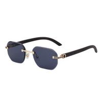 Men Rimless Retro Wood Grain Temple Uv Protection Sunglasses juoda