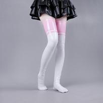 Women'S Patent Leather Glossy Thigh High Socks Pink White Color Block Stay Up Stockings Y2K Harajuku Cosplay Aesthetic L