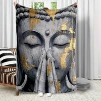 Retro Gilded Buddha Statue Theme Flannel printed blanket suitable for all seasons suitable for living room office sofa travel Size: 75*100cm, Weight: 230 GSM