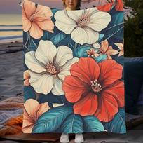 1pc Vibrant Floral Hibiscus Flannel Blanket - Soft, Lightweight Polyester Throw with Red and Pink Flowers for Home Decor, Beach, Size: 75*100cm, Weight: 230 GSM