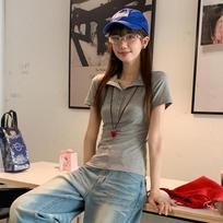 Hong Kong Style Solid Color T-shirt for Women Short-sleeved Summer New Versatile Lapel Breasted Polo Shirt Half-sleeved Top Summer S