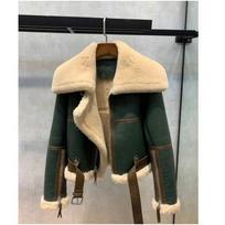 Winter new green splicing large lapel locomotive suit women's thickened short leather fur body sheep shearing jacket S [Recommended 80-50kg] tamsiai žalia spalva