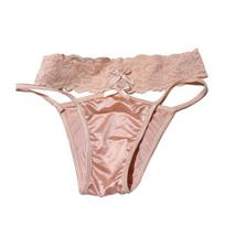 Seamless Satin Thongs for Women Hollow Strings Lace No Show Underwear Ladies Sexy Tanga Briefs Low-Waisted T Back Panties rožinė