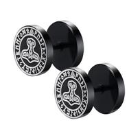 Gothic Norse Viking Runes Stud Earrings for Men Boys Rock Punk Stainless Steel Wolf Head Compass Celtic Knot Black Earrings 10mm